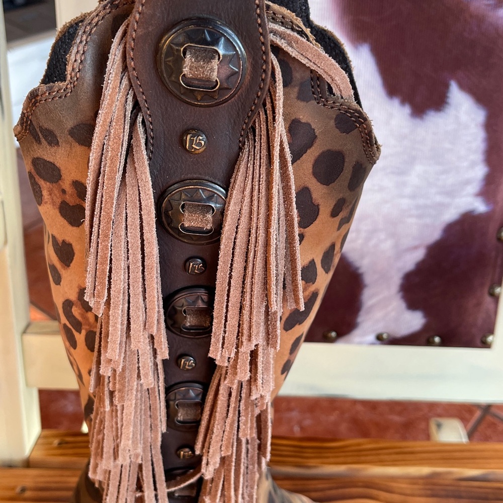 Liberty Black Ophelia Chita Miel Leopard 
Print Leather Fringe Boots Size 8 - Picture 3 of 7